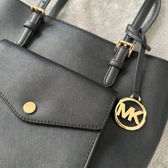 Michael Kors Black Jet Set Leather Shoulder Bag Tote Purse Handbag - Picture 2 of 8